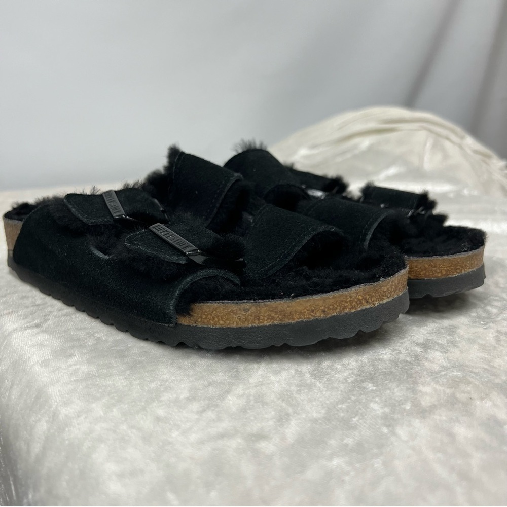 Birkenstock Arizona Fur Shearling Suede Leather Black Sandals EU 38